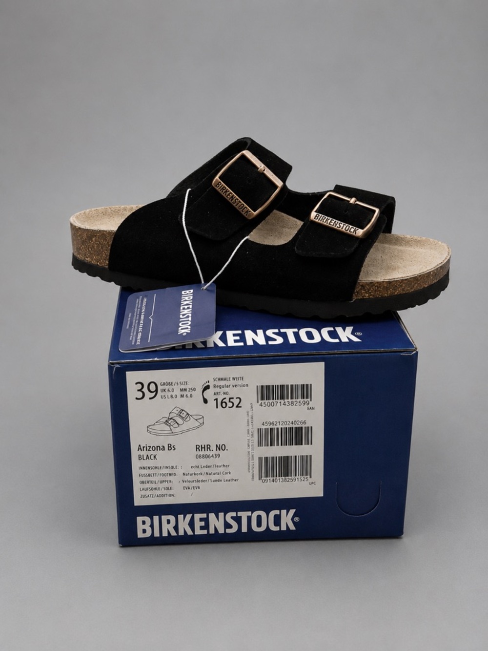 Birkenstock Arizona Black Suede Sandals Size 39 EU Women’s 8 Narrow Fit NWT